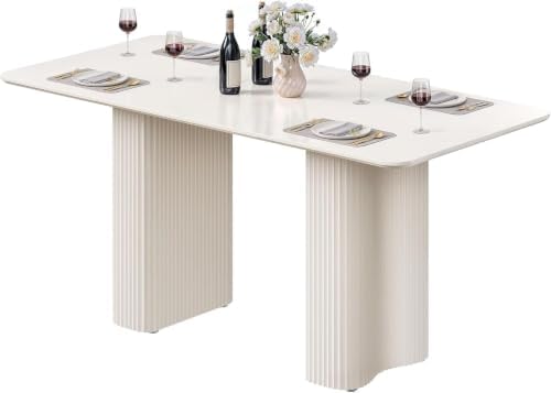 DWVO Cream White Dining Table 63" for 4-6, Rounded Corners, Fluted Base