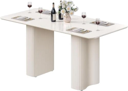 DWVO Cream White Dining Table 63" for 4-6, Rounded Corners, Fluted Base