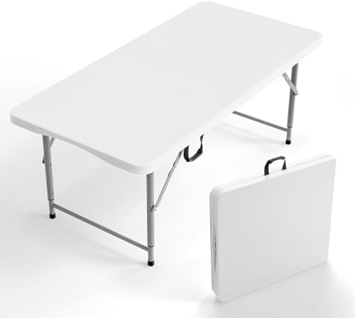 VINGLI 4 FT Plastic Folding Camping Table,3-Level Adjustable Height, Portable in/Outdoor Party Picnic Dining Desk, Garden Soccer Multipurpose Entertaining Activities，White