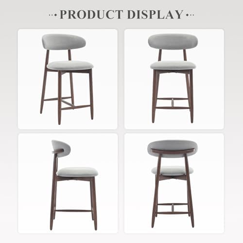 COLAMY Wood Bar Stools Set of 4, Counter Height Bar Stools, Mid Century Modern Stools with Back, 25 Inch Upholstered Wooden for Kitchen Island Dining Room Bar, Light Grey
