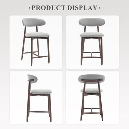 COLAMY Wood Bar Stools Set of 4, Counter Height Bar Stools, Mid Century Modern Stools with Back, 25 Inch Upholstered Wooden for Kitchen Island Dining Room Bar, Light Grey