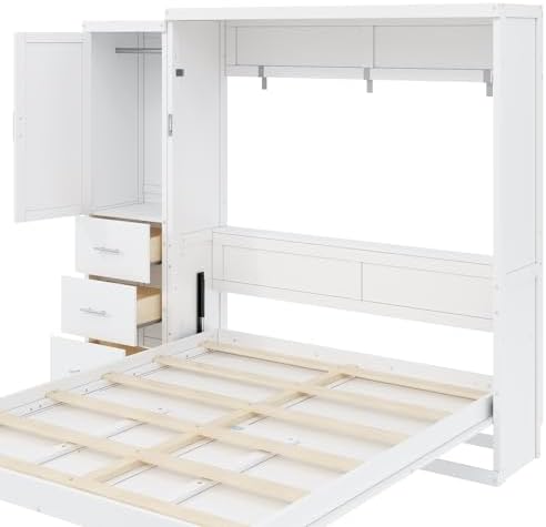 MERITLINE Queen Murphy Bed with Storage Drawers and Wardrobe,Solid Wood Farmhouse Horizontal Murphy Wall Bed Cabinet with Drawers for Bedroom Office Guest Room, Foldable