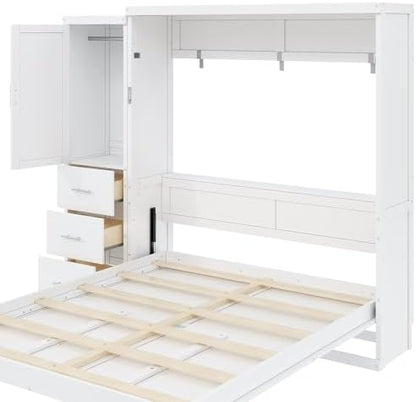 MERITLINE Queen Murphy Bed with Storage Drawers and Wardrobe,Solid Wood Farmhouse Horizontal Murphy Wall Bed Cabinet with Drawers for Bedroom Office Guest Room, Foldable