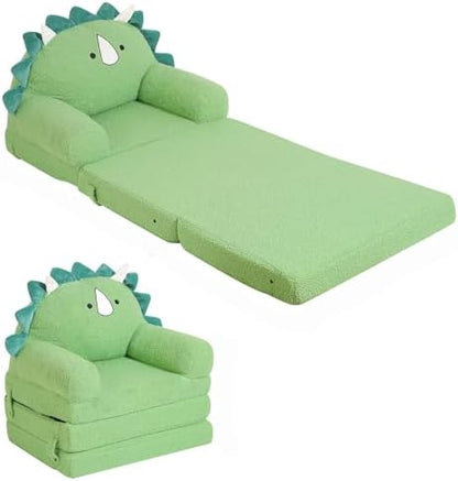 Kids Sofa Chair, 2-in-1 Foldable Couch, Sherpa, Dino Green