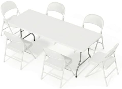6FT White Plastic Folding Table Set with 6 White PU Padded Chairs