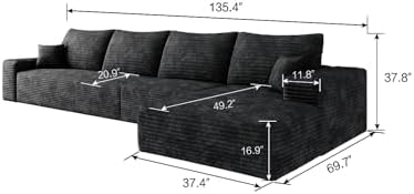 Eafurn 135" Oversized Right Facing Boneless Modular Sectional Sofa Couch with Chaise Lounge, 33D High-Density Foam Compressed Floor Couch with Deep Seat and Throw Pillows