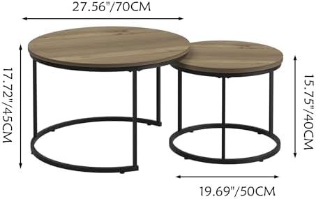 27.6" Round Nesting Coffee Table Set of 2, Brown & Black Marble