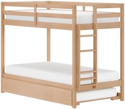 Grain & Grove Bear Twin Over Twin Bunk Bed with Trundle Bed, Sturdy Bunk Bed Frame for Kids, Plywood Bunk with Ladder, Guardrail, and Slats, No Box Spring Required, Oak Embossed Natural