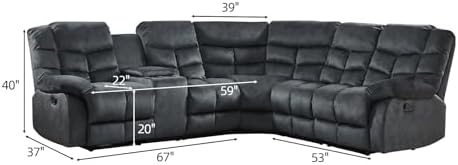 EBELLO Manual Reclining Sectional Sofa Set for Living Room, Soft Fabric Recliner Corner Sectional Couch with Center Console, Cup Holder and Storage, Grey