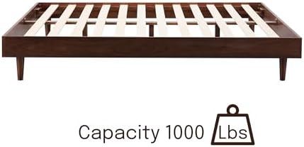 Fly Wooden Bed Frame Without Headboard, Crafted from Walnut, Rubber Wood with Silent Slats and Wood Central Supports, 1000 Lb Capacity, Effortless Assembly, Queen - Dark Walnut