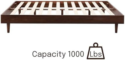 Fly Wooden Bed Frame Without Headboard, Crafted from Walnut, Rubber Wood with Silent Slats and Wood Central Supports, 1000 Lb Capacity, Effortless Assembly, Queen - Dark Walnut