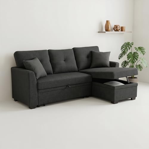 Convertible Sofa Bed, L Shape Sleeper Sofa with Reversible Storage Chaise, Tufted Fabric Sectional Sleeper Sofa with Pull Out Bed for Small Space, Living Room, Apartment, Charcoal Black