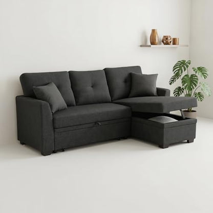 Convertible Sofa Bed, L Shape Sleeper Sofa with Reversible Storage Chaise, Tufted Fabric Sectional Sleeper Sofa with Pull Out Bed for Small Space, Living Room, Apartment, Charcoal Black