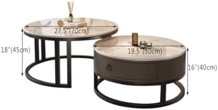 Round Nesting Coffee Table with Storage Drawer Set of 2, Modern Cocktail Table with Faux Marble Top for Living Room Small Space 27" Black/Grey-Pandora