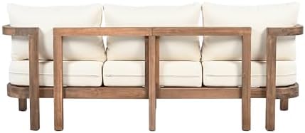 Merax 3 Seater Outdoor Acacia Wood Patio Sofa with Cushions for Porch, Garden, Backyard, Balcony, Brown wash, Beige Cushion