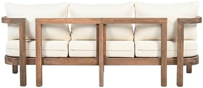 Merax 3 Seater Outdoor Acacia Wood Patio Sofa with Cushions for Porch, Garden, Backyard, Balcony, Brown wash, Beige Cushion