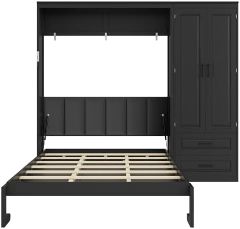 Merax Queen Size Murphy Bed with Upholstered Headboard and Wardrobe,Black