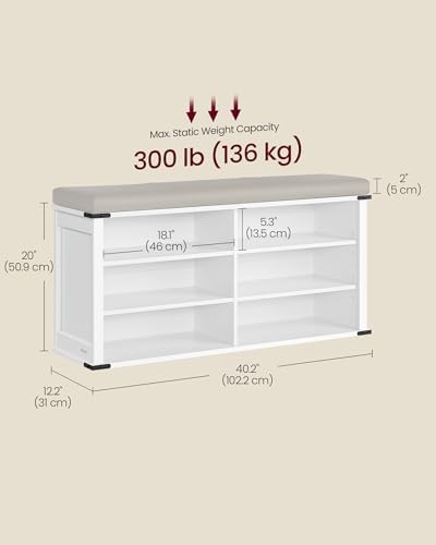 VASAGLE Shoe Storage Bench with Removable Cushion, Adjustable Shelves
