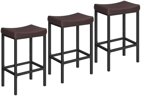 HOOBRO Bar Chairs, Set of 3 Counter Height Saddle Stools with Curved Surface, 24.8 Inches, 2.4" Thick Upholstery, for Kitchen and Dining Room, Brown and Black BC10BYP301
