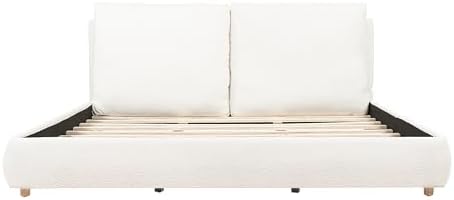 Merax King Boucle Platform Bed with 2 Removable Headboard Pillows, White