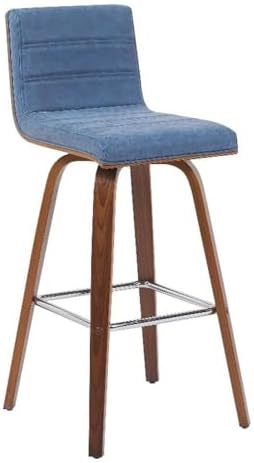 Armen Living Vienna Modern Swivel 30" Bar Height Barstool with Vintage Blue Faux Leather and Walnut Wood Finish