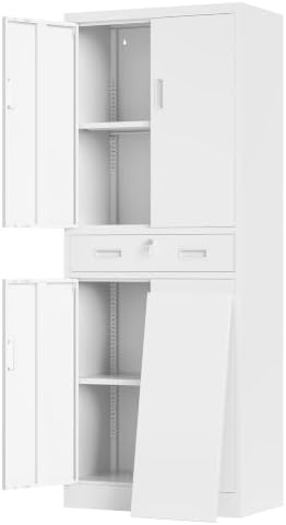 CJF 71" H Tall Metal Storage Cabinet with Drawer, Locking Garage Cabinet with 2 Adjustable Shelves, Heavy-Duty Tool File Storage Cabinets for Home Office, Kitchen, Warehouse, Shop (White)