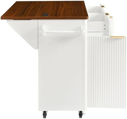 Merax Farmhouse 52 inch Kitchen Island on Wheels with Drop Leaf Table, Power Outlet, Wood Kitchen Rolling Cart with Faux Marble Top & 2 Doors & 2 Drawers, White