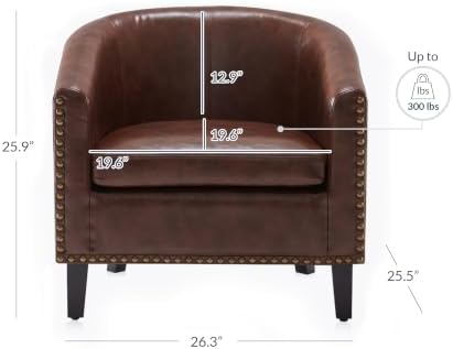 BELLEZE Accent Barrel Chair, Set of 2 Modern Faux Leather Tub Club Chair Upholstered Armchair with Gold Nail Head Trim and Black Legs for Living Room Bedroom Apartment Lounge - Brown