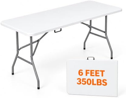 Folding Table 6ft, Heavy Duty Portable 6 Foot Foldable Table Plastic Large Folding Tables Indoor Outdoor for Camping, Picnic, Wedding and Party, White