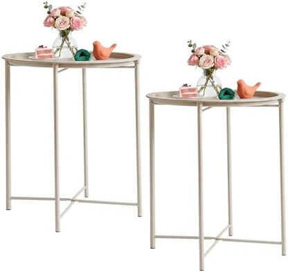 VECELO Side/End Table, Folding Round Metal Anti-Rust and Waterproof Outdoor or Indoor Tray for Living Room Bedroom Balcony and Office, 2 PCS, Grey