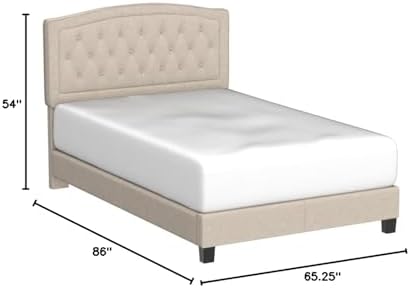 Rosevera Layla Panel Bed Frame with Adjustable Button-Tufted Headboard for Bedroom/Linen Upholstered/Wood Slat Support/Easy Assembly,Queen,Linen Beige