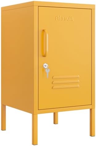 Single Door Coffee Table Lockable Metal Storage Cabinet, 2-Tier Children's Nightstand with Adjustable Shelf, Easy Assembly Side Table for Home, Office, Entryway & Hallway Yellow