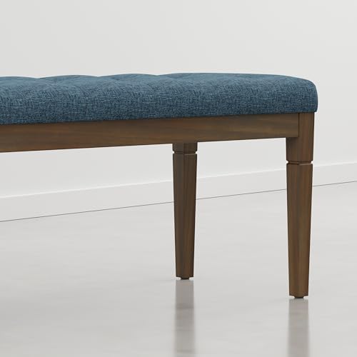 SIMPLIHOME Waverly Tufted Ottoman Bench - 48 inch Wide Upholstered Linen Look Fabric Rectangle Footstool Ottoman in Indigo Blue, Traditional Bench for Bedroom, Entryway or Living Room with Carved Legs