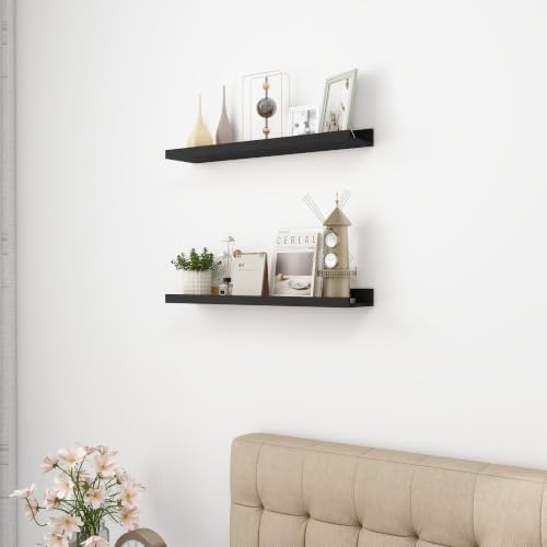 Picture Ledge Shelf, MDF Wood Floating Shelves Set of 2, Picture Ledge Photo Ledge Wall Mounted for Living Room Kids' Room Bedroom, Color Black (Black, 24in-2pcs)