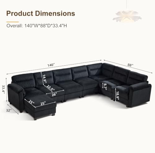 HAOMARKETS 135” Modular Sectional L Shaped Corner Sofa with Movable Ottoman, Corduroy 8-Seater Couches with Thick Cushion for Living Room, Black