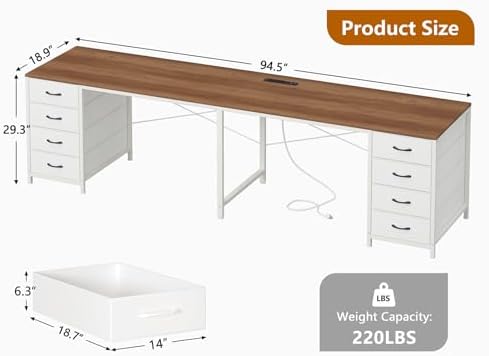 95" 2 Person Desk with 8 Fabric Drawers for Home Office, Living Room