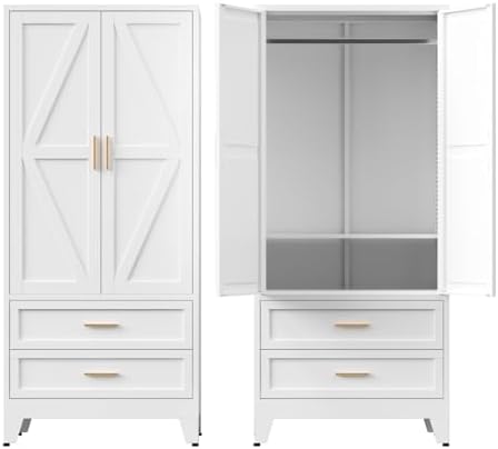 COFaR Metal Armoire Wardrobe Closet with Drawers, 71'' Tall Farmhouse Bedroom Armoires with Doors, Freestanding Steel Wardrobe Cabinet Coat Closet for Bedroom Home Office Garage, White