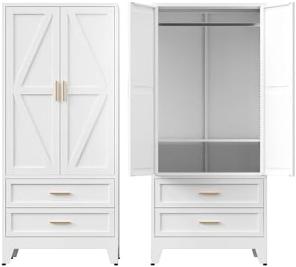 COFaR Metal Armoire Wardrobe Closet with Drawers, 71'' Tall Farmhouse Bedroom Armoires with Doors, Freestanding Steel Wardrobe Cabinet Coat Closet for Bedroom Home Office Garage, White