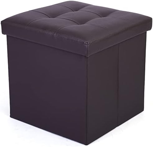 LotFancy Storage Ottoman Cube, Brown Foot Stool Ottoman,13x12x12 inch Square Ottoman with Lid, Faux Leather Seat for Dorm