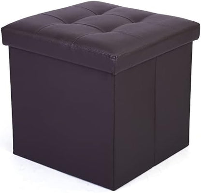 LotFancy Storage Ottoman Cube, Brown Foot Stool Ottoman,13x12x12 inch Square Ottoman with Lid, Faux Leather Seat for Dorm