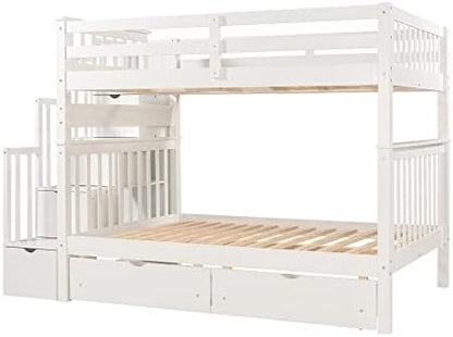 RUNNA Full Over Full Bunk Bed, Convertible, Storage Stairs White