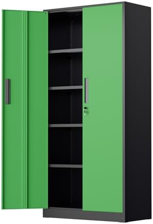 SUNCROWN 72" Metal Storage Cabinet - Heavy-Duty Metal Garage Cabinet with 4 Adjustable Shelves & 2 Doors for Tools, Office, Home, Workshop,Black & Green-Small