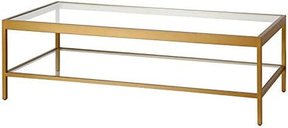 Henn&Hart 54" Wide Rectangular Coffee Table in Brass, Modern coffee tables for living room, studio apartment essentials | Open lower shelf adds practical storage while the glass design keeps spaces feeling bright