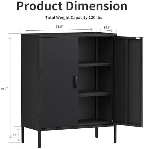 Washsemba Metal Storage Cabinet with Doors and Shelves,Multipurpose Storage Rack, 3-Tier Shelf,Metal Locker Style Accent Cabinet for Home Office,Living Room,Kitchen (Black, 40''H)