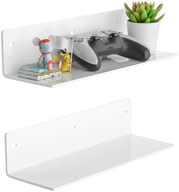 12 Inches White Acrylic Wall Shelves Set of 2, Wall Mounted Shelves for Plants, Speaker, Camera, Toiletries, Spice Jars, Coffee, Candles, Shoes, 2 Pack