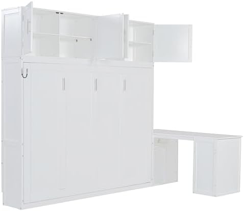 MERITLINE Queen Horizontal Murphy Bed with Desk and Storage Bookcase Shelves,Pine Wood Murphy Wall Bed with Storage Shelves and Desk,for Adults (White)