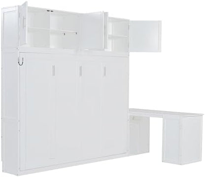 MERITLINE Queen Horizontal Murphy Bed with Desk and Storage Bookcase Shelves,Pine Wood Murphy Wall Bed with Storage Shelves and Desk,for Adults (White)