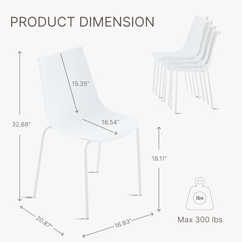 KISLOT Dining Chairs Set of 4, Plastic Outdoor Dining Room Chairs with Metal Legs, PP Anti-UV Stackable Patio Chairs with Ergonomic Back & Curved Seat for Kitchen Swimming Pool, Easy Assembly, White