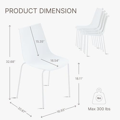 KISLOT Dining Chairs Set of 4, Plastic Outdoor Dining Room Chairs with Metal Legs, PP Anti-UV Stackable Patio Chairs with Ergonomic Back & Curved Seat for Kitchen Swimming Pool, Easy Assembly, White