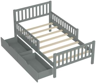 Bellemave Kids Twin Bed Frame with Fences and 2 Drawers, Twin Size Wooden Platform Bed with Guardrails on Both Sides for Boys Girls, Grey